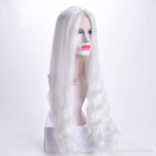 Aishili wholesale snow white long hair yaki straight wig synthetic lace front synthetic wigs for women
